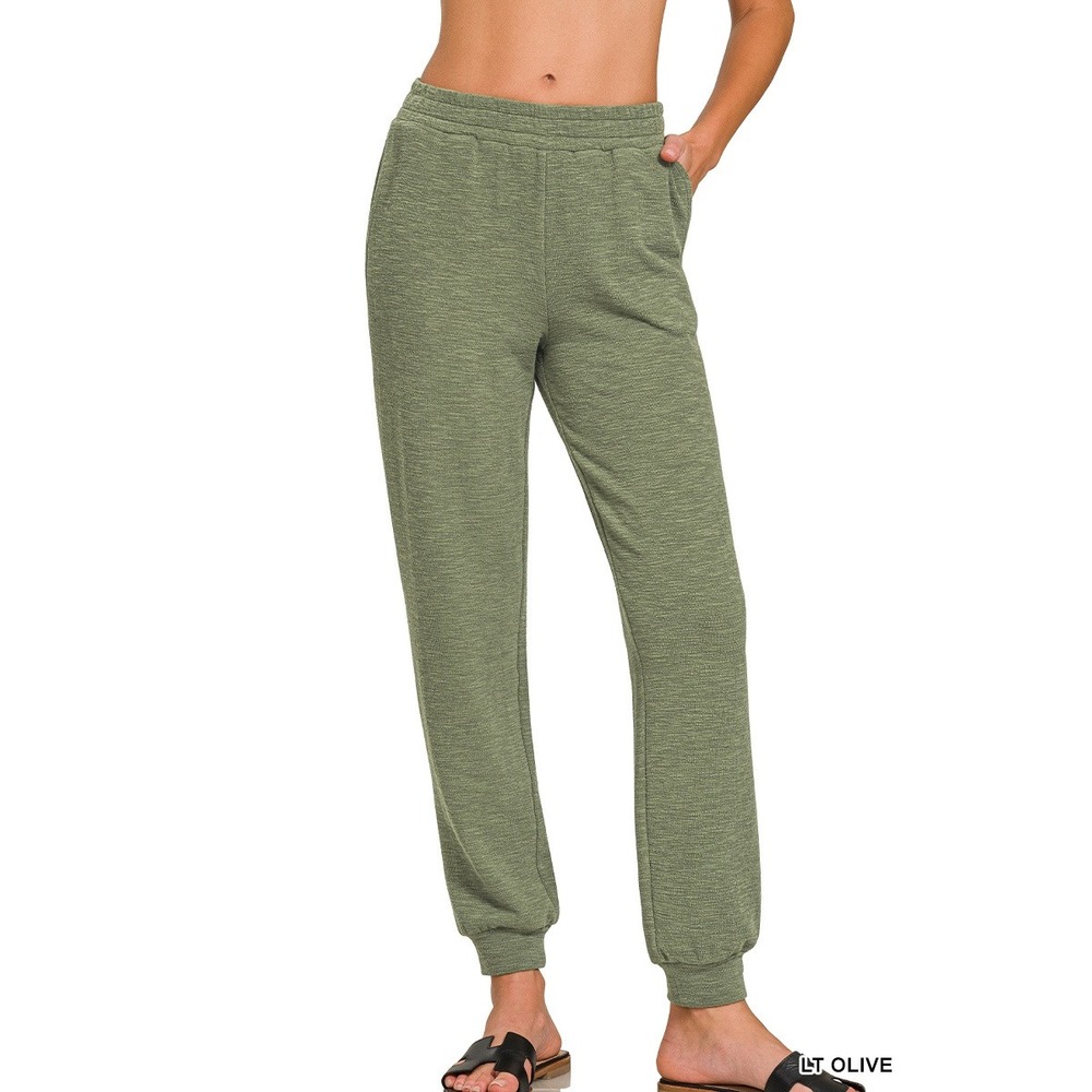 Zenana Jogger Pants Women Large Lt Olive NWOT CP-2537Y Cotton Slub Casual
